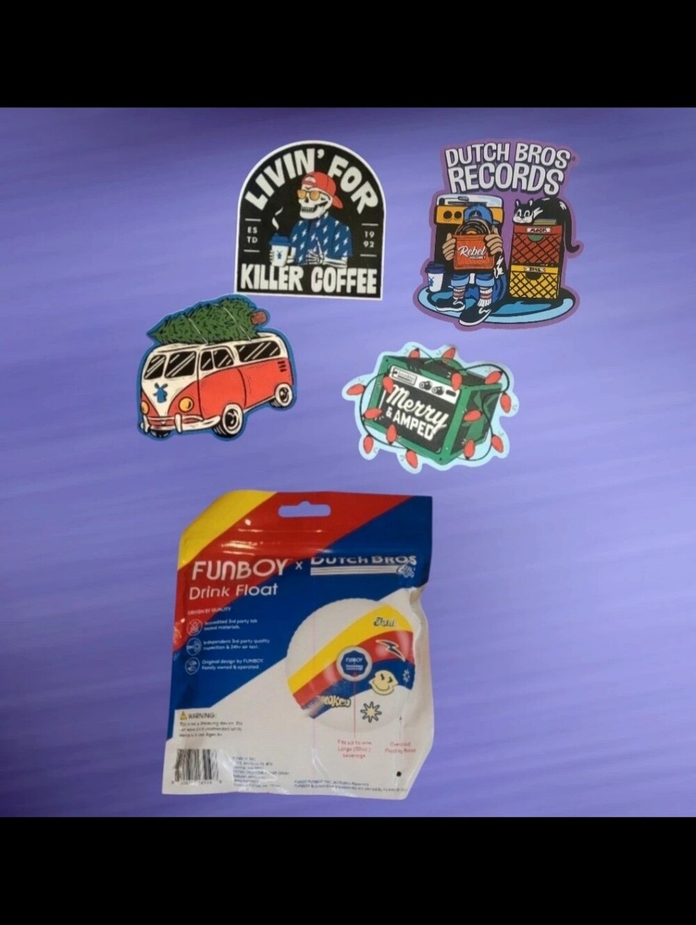 NEW LIMITED EDITION DUTCH BROS COLLECTABLE VINYL STICKER LOT OF 4 & DRINK FLOAT